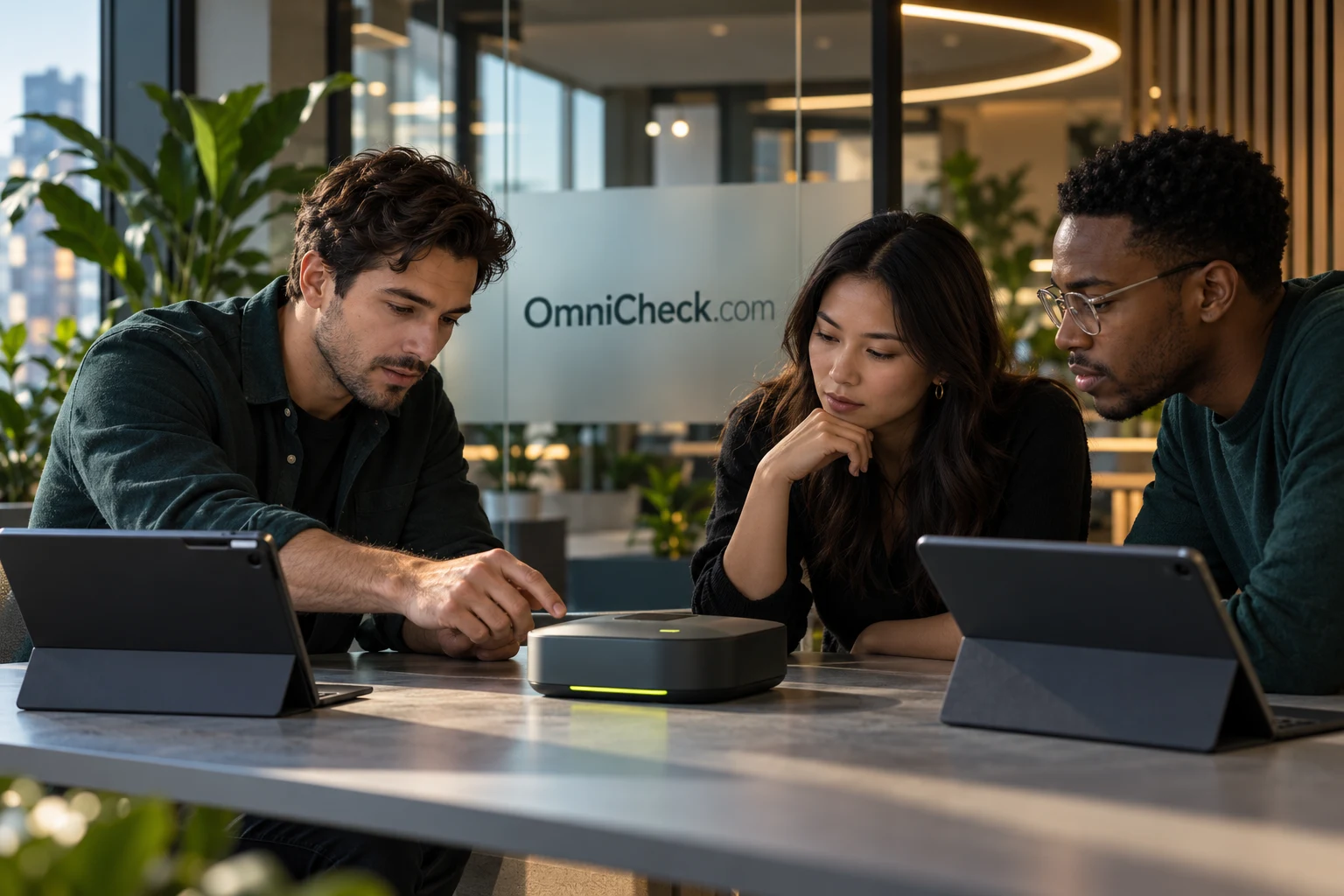 A product and operations team discussing a checking workflow